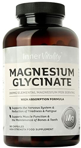 Magnesium Glycinate 180 Capsules (3 Month Supply) 280mg Elemental Magnesium - High Strength Easy to Absorb Magnesium Supplement with No Additives by Inner Vitality