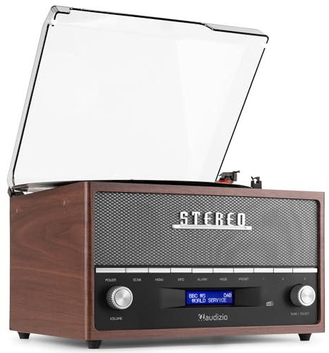 Audizio Frisco Retro Vinyl Record Player with Built-In Speakers, DAB+ Digital & FM Radio, Bluetooth Streaming, USB Playback, AUX Input & Alarm Clock, Vintage Wooden Finish