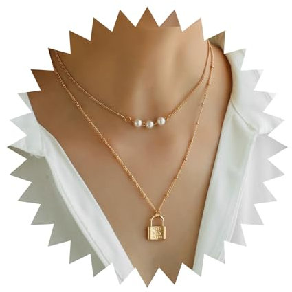 Allereya Vintage Layered Padlock Pendant Necklace Boho Pearl Choker Necklace Mini Padlock Necklace Gold Pearl Necklace Jewelry for Women and Girls