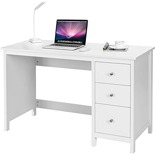LIFEZEAL Scrivania Bianca con 3 Cassetti, Scrivania Ufficio Porta Computer, PC, 120x50x75 cm, Moderno, Semplice, Postazione di Lavoro, Scrittoio, in Legno, per Studio, Max 55 kg