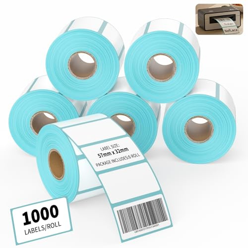 NefLaca 6 rullar 6 000 självhäftande etikettklistermärke 57 mm x 32 mm adressetiketter tom rulle rektangeletikett skriva på anteckningsmärke catering matburkar klisterklistermärken för kontor kök