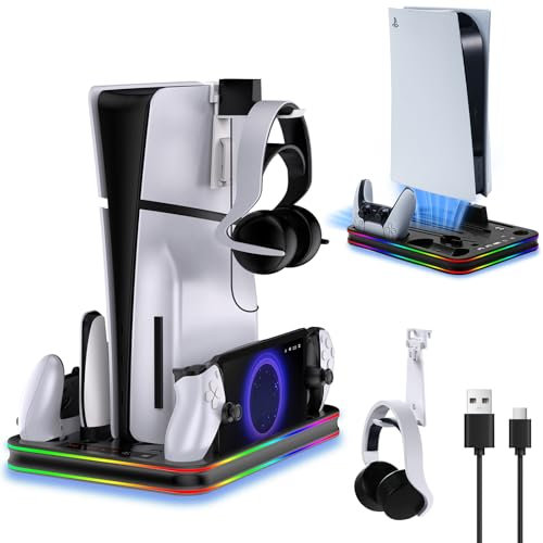 Helmsyde PS5 Stand with Cooling Fan & RGB Light, Charging Station, Headset Hook, USB Hub
