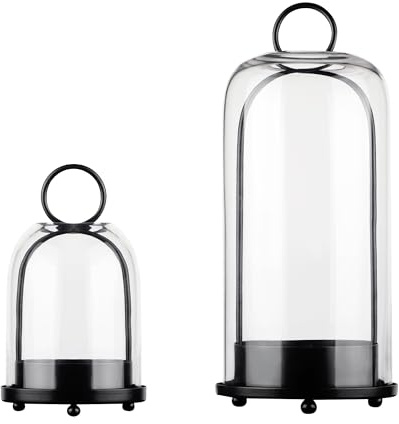 5 & 4 Wide Versatile Metal Candle Holder in Black with Handmade Thick, Heavy & Sturdy Glass Dome for Pillar Candle, Industrial, Modern, Shelf, Mantel, Veranda, Porch (Black, Large & Small)