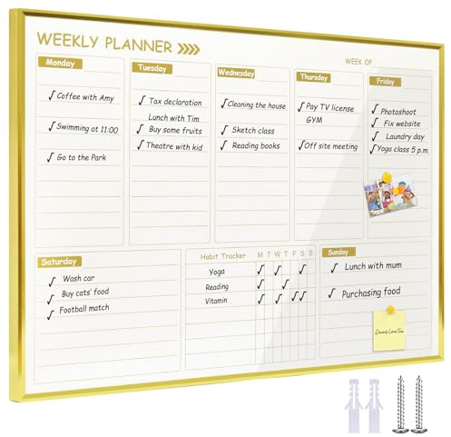 Marribol Gold Weekly Dry Erase Board for Wall,12x16,Small Magnetic Dry Erase Weekly Calendar Board,Gold Metal Frame Weekly Planner Whiteboard for to Do List, Memo, School, Home, Office, Kitchen-GZ