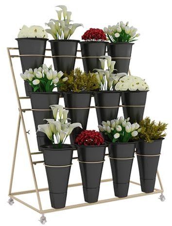Carrito de metal de varios niveles para plantas, exhibidor móvil de flores al aire libre con cubos, versátil para uso en interiores y exteriores, perfecto para decoración del hogar y decoración de