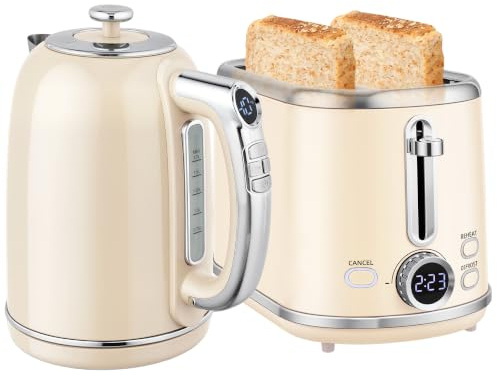 HOMCOM Digital Kettle and Toaster Set LED Screen 1.7L 3000W 2 Slice Cream | 3Hr Keep Warm Memory Function, 12 Temperatures Control, 6 Browning Controls, Crumb Tray