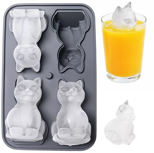 Cat Ice Cube Tray, Silicone Ice Cube Trays for Whisky and Cocktails,4-Hole Large Ice Cube Moulds with Cat Shape Design, Novelty ice Cube Tray for Home Bars and Parties