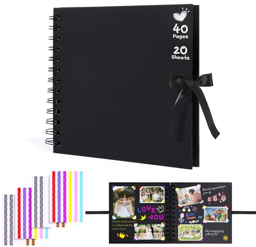 Album Fotos para Pegar y Escribir 40 Páginas Scrapbook 18,5 x 17,5 cm Album Fotos con Esquinas Adhesiva, Cuaderno Negro Hojas Negras para Cumpleaños Aniversario de Boda Regalo de Cumpleaños