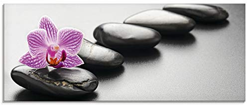 ARTland Wanddeko Glasbilder Wandbild Glas Bild einteilig 125x50 cm Querformat Asien Wellness Zen Steine Spa Blumen Blüten Orchideen Entspannung T5ON