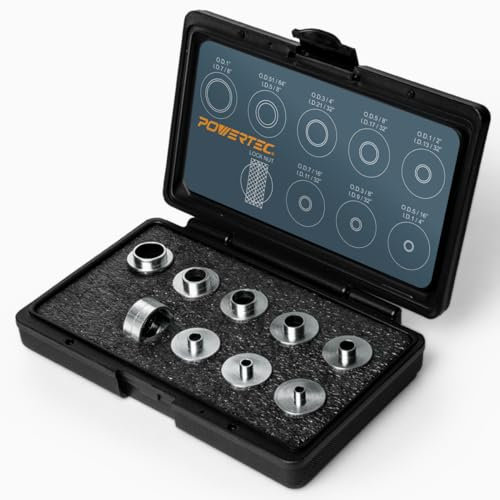 POWERTEC 71051 Router Template Guide Set | 10pc Solid Brass Guides w/Molded Carrying Case