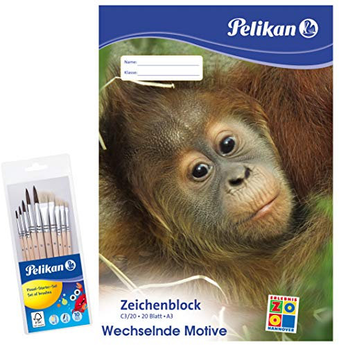 Pelikan Zeichenblock A3 mit Tiermotiven (sortiert - keine Motivwahl möglich), 100 g/m², 20 Blatt - Kombi-Set (4 x A3 Zeichenblock + 1 x 10er Pinsel-Set)