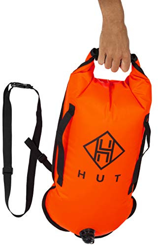 HUT Premium Swim Buoy Dry Bag. Tow Float and Watertight Dry Bag for Open Water Swimmers, Triathletes. High visibility safety swim buoy, two air chambers – be seen be safe