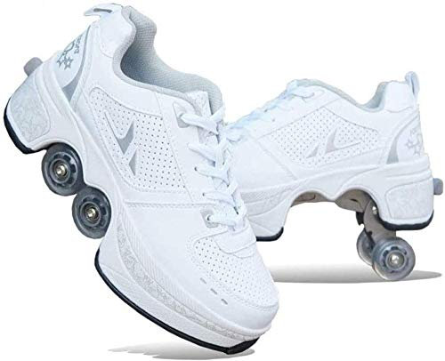 FLY FLU 2-in-1-Mehrzweckschuhe，Unisex-Kinder Skateboard Schuhe Kinderschuhe Mit Rollen Skate Shoes Rollen Schuhe Sportschuhe Laufschuhe Sneakers Mit Rollen Kinder Jungen Mädchen,Whitesilver-39