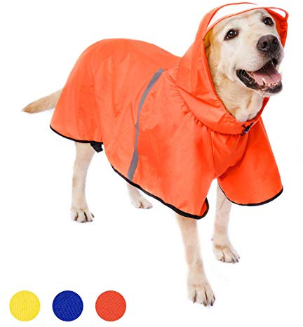 Hundregnjacka i storlek stor, vattentät med huva och öppning för sele. Transparent skärm, ventilerande och justerbar design, perfekt för medelstora och stora hundar, i orange 6XL.