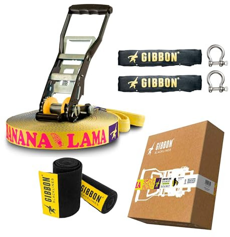 Gibbon Slacklines BananaLama XL Treewear Set | 25m Länge | 3,5cm Breite | Anfänger & Fortgeschrittene | Longline | Trampolin-Effekt | Einfacher Aufbau | Umweltverträglich | Inkl. Zubehör