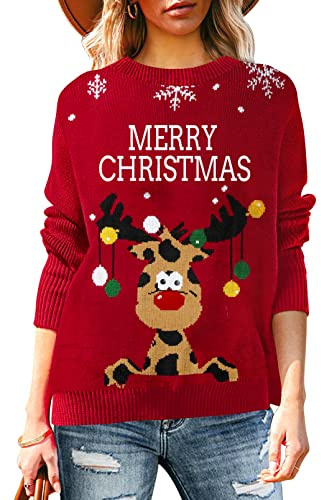 Pink Queen Women's Christmas Sweater Round Neck Long Sleeve Reindeer Letter Swowflake Ugly Knitted Jumper Top Red XL