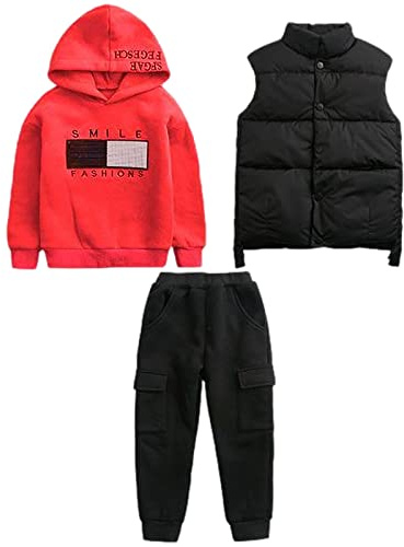 amropi Garçon Survêtement Sweat à Capuche et Gilet Haut et Pantalon 3 Pièces Vêtements Ensemble Rouge Noir, 9-10 Jahre