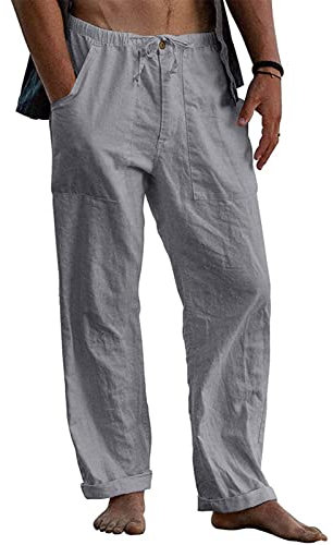 Halfword Herren-Hose aus Leinen, lockere Passform, Yogahose, lässig, Strand, Kordelzug, elastische Taille, leichte Sweatpants, grau, 5XL