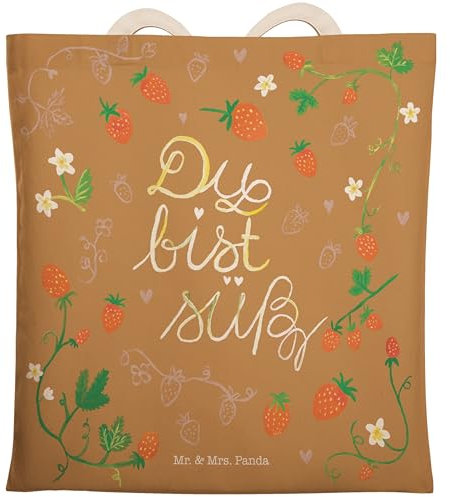 Mr. & Mrs. Panda Einkaufstasche Erdbeeren Süß - Geschenk, Tragetasche, Sommer Deko, Umhängetasche, Geschenk Partner, Outdoor, Beutel, Blumen Deko, Du
