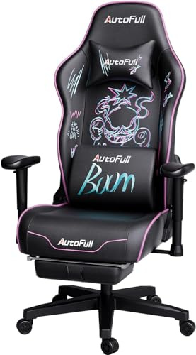 AutoFull Graffiti Bürostuhl Ergonomischer Bürostuhl Verstellbare Schaukel Verschleißfest Super Soft PU Leder Stickerei Lordosenstütze und Fußstütze (Lila)