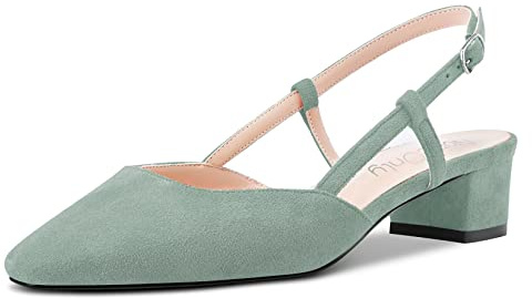 NobleOnly Damen Chunky Blockabsatz Niedrige Kitten Absatz Heel Eckige Zehenkappe Sandalen Slingback Slip-on Pumps Hochzeit Cute Schuhe