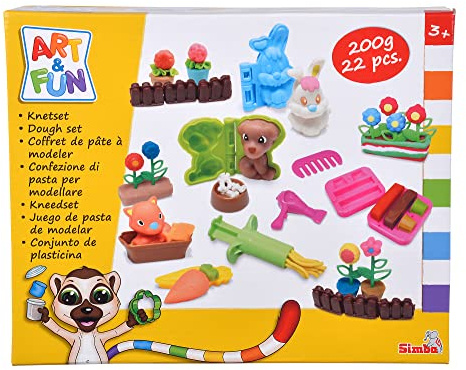 Simba Art and Fun Knetset Tierfreunde, 4X 50g Knete, Spritze, Clip Formen, 3D Förmchen, 22 Teile, Zubehör, ab 3 Jahre