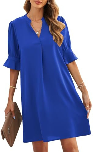 ANFTFH Dam V-ringad halvärm skjortklänning elegant sommar casual enfärgad kort klänning midiklänning fritidsklänningar mode klänning, 1 skatt blå, XL