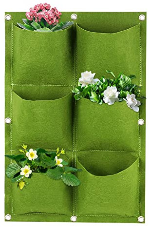 Wisebom Borse da Coltivazione Piante da Appendere, 6Tasche Borsa Fioriera Parete Giardino Verticale Traspirante, Sacchetti per Piante in Feltro per Fiori Fragole Decorazione (Verde)