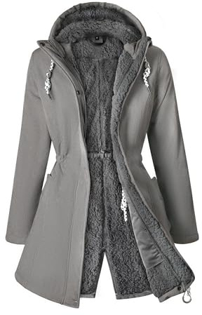 ATLASLAVA Vinterkappa dam fleece varm lång jacka softshellrock övergångskappa vinter S-3XL, LJUSGRÅ, L