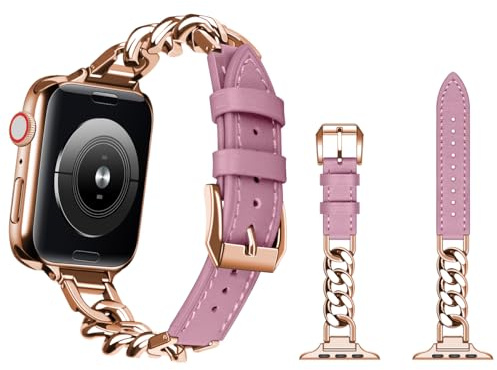 YISIWERA Chain Leather Watch Straps Compatible with Apple Watch Strap 38 mm 40 mm 41 mm 42 mm 44 mm 45 mm 49 mm Women's Genuine Leather Watch Strap for iWatch Ultra/Ultra 2 Series 9 8 7 6 5 4 3 2 1