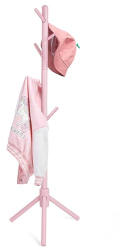 Cozivolife Kid's Coat Rack Stand Beech Wood Clothes Tree, Height Adjustable Freestanding Child Jacket Holder with 9 Hooks, Hanging Hats and Handbags, Hallway, Entryway,Bedroom, Easy Assembly (Pink)