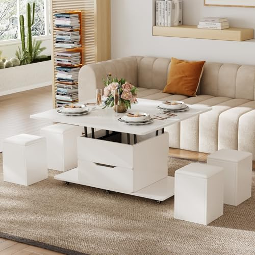 Homary Couchtisch Höhenverstellbar, Wohnzimmertisch mit Schublade, 3-in-1-Multifunktions-Couchtisch Umwandelbar in Wohnzimmer-Esstisch Arbeitstisch mit 4 Hockern und Feststellbaren Rollen (Weiß)