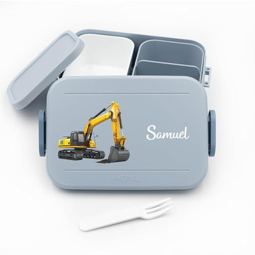 Bento Box Kinder für Mepal mit Namen - Bagger | Schule, Kindergarten, Einschulung, für Jungen, spülmaschinenfest, mit Fächern, Brotdose Kinder, Lunchbox Kinder, Vesperdose