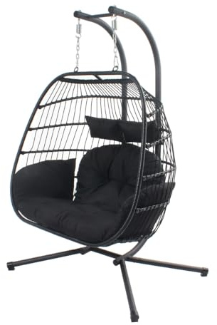 CONCEPTO FÁBRICA | Sillón colgante de 2 plazas | FARO negro | Resina de aspecto de ratán, estructura de acero resistente | Cojín grande desmontable | Hamaca columpio para 2 personas en pie, terraza