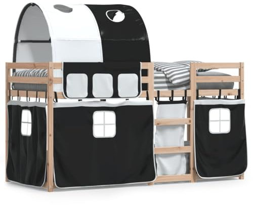Juroupi Etagenbett mit Vorhängen Weiß & Schwarz 90x190 cm Kinder Etagenbett Kinderbett Doppelbett Kinderhochbetten Bett Kiefernholz - 3284027