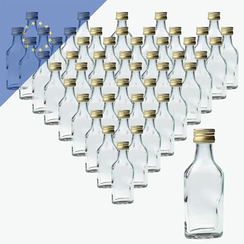 Verpackungsstadl 50 Stk. Schnapsflaschen 20 ml mit goldenem Schraubverschluss PP18 – Kleine Glasflaschen für Likör, Schnaps & Spirituosen – Ideal für Hochzeit, Gastgeschenke, Party & Verkostung