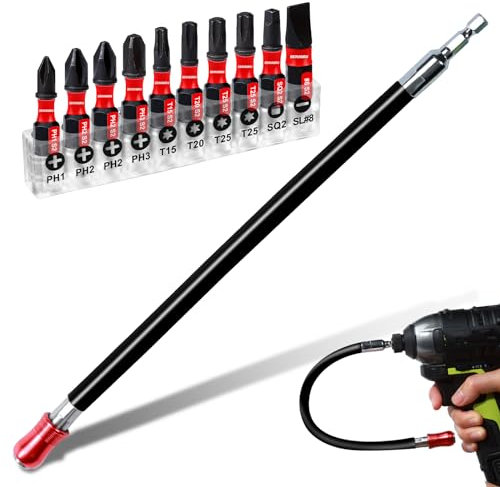 Geinxurn Flexible drill bit Extension Screwdriver Bit Holders, 1PACK 12Inches Flex Shaft Extension Socket Drill Bit Holder Hex Shank Quick-Change Drill Bit Guide with 10PC Screwdriver Bits
