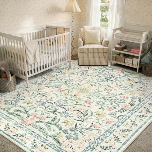 Morebes Boho 8x10 Area Rugs for Living Room, Large Beige Floral Rug for Bedroom Girls Nursery Non Slip, Soft Distressed Indoor Carpet for Dining Room Home Office, Cream