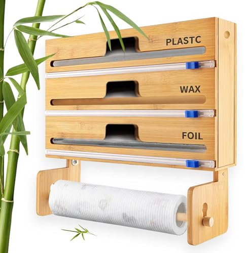 ITETONE Cling Film Dispenser and Cutter 4-in-1 Wall-Mounted Wrap Dispenser with Cutter with Paper Towel Holder,Fits 12 Roll Wax, Aluminum Foil & Parchment Paper Rolls