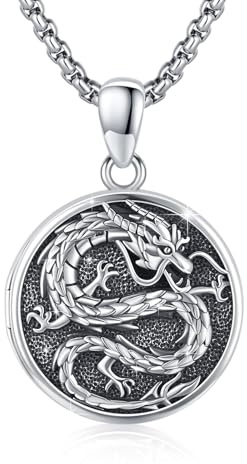 CRWENG Drachen Halsketten 925 Sterling Silber Drache Foto Box Anhänger Kette für Papa Foto Medaillon Ketten kann zwei Fotos Drachen Schmuck für Männer und Frauen halten (Kette aus Edelstahl)