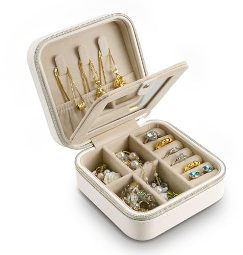 Lammcou Reise Schmuckkästchen Kleine Tragbare Schmuckschautulle für Unterwegs Schmuckaufbewahrung Organizer von Halskette Ring Armband Ohrringe Schmuck Reiseetui aus PU-Leder mit Spiegel für Damen