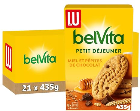 LU - Belvita Petit Déjeuner Miel & Chocolat - Biscuits Croustillants aux 5 Céréales Complètes, Miel & Pépites de Chocolat - Sources de Fibres & Magnésium - 21 Boîtes de 400 g
