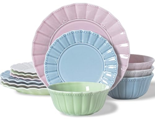 HOMBENE Dinnerware set, Kitchen Plates and Bowls Sets for 4, Porcelain dish set for party, House gift, Microwavable safe, Mixed Colors