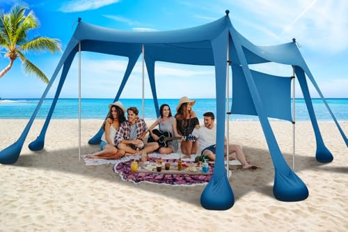 Strandzelt LSF 80+, UV-Schutz, Strandschatten/Cabana, 8 Sandsäcke, 4 Stabilitätsstangen, Sandschaufel, Bodenheringe, 3 x 3 m