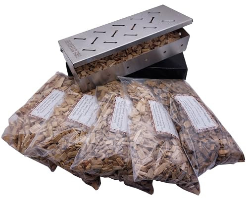 Bergfeld BBQ – Set per affumicatura con 5 tipi di trucioli per affumicatura (mela, ciliegia, nocciola, faggio, quercia) – per tutte le griglie, affumicatore in acciaio inox spazzolato, aroma barbecue
