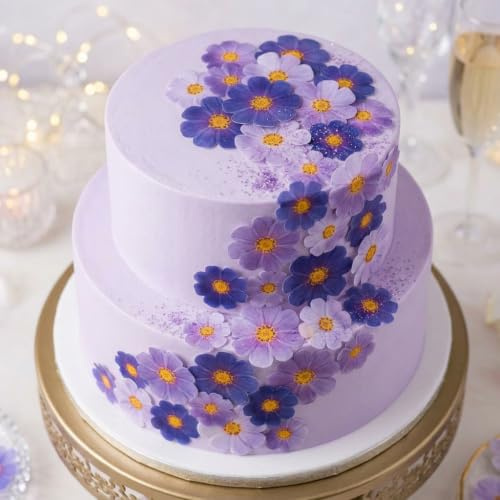 Anglesit Pre-Cut Beautiful Gradient Purple Mixed Size Flowers Edible Rice Wafer Paper Cupcake Toppers Cake Decorations Birthday Wedding Party Celebration (Purple)