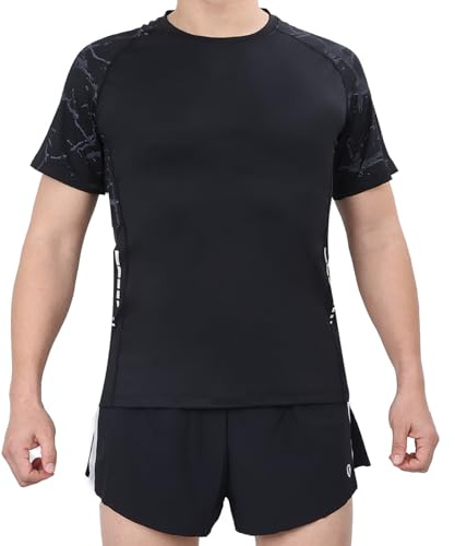 LY4U UPF 50 Rash Guard kortärmad badskjorta för herr, snabbtorkande surfing pool träning strand löpning sport topp, Svart, M