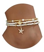 Qceasiy Bead Ankle Bracelets Set For Women, Adjustable 18K Gold Plated Boho Shell Anklet, Hawaiian Beach Seashell Pearl Disc Starfish Conch Foot Jewelry, Summer Fashion Gifts(Starfish 3Pcs)