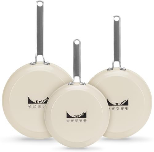 MSMK Nonstick Frying Pans Set, Ceramic Pan Skillet 20 24 28cm, Ceramic Frying Pan Set PFAS & PTFE & PFOA Free with Stainless Handle, Dishwasher/Oven Safe (Beige)