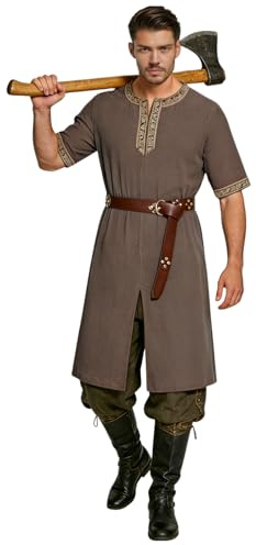 clasToonrain 2 tunica medievale da uomo con cintura da 195 cm, costume da cavaliere rinascimentale vichingo per Halloween, tema, festa, larp, risurrezione, domenica, vecchia giornata greca (marrone, M